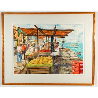 Framed Watercolor, Dockside Market