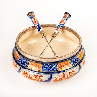 19Th Century English Pottery Serving Bowl, Spoon And Fork
