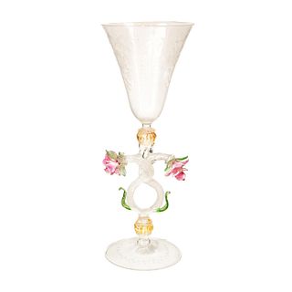 Venetian Art Glass Floral Wine Goblet, Double Flower