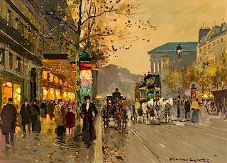 Edouard Leon Cortes, (French, 1882-1969), Paris Street Scene with Horse and Carriage