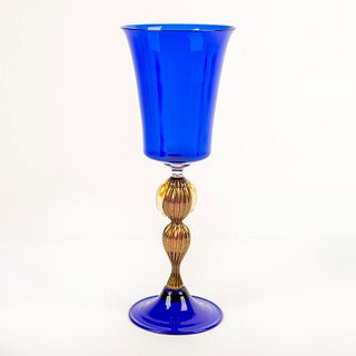 Venetian Art Glass Hand Blown Stemware Blue Wine Goblet