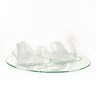 Lalique Set of 2 Crystal Swans on Mirror Base