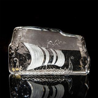 Crystal Paperweight with Etched Ship