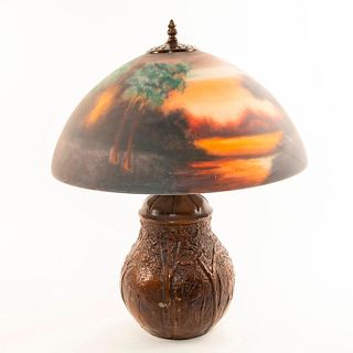 Vintage Reverse Painted Landscape Scene Table Lamp