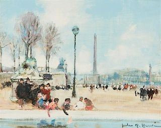 * Jules Rene Herve, (French, 1887-1981), Children in the Jardins de Tuileries, with view of Place de la Concorde
