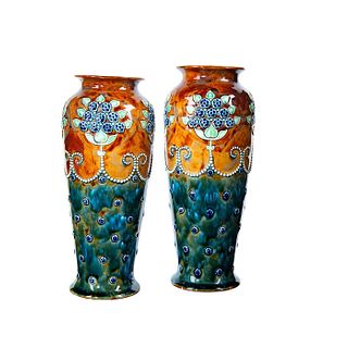 Pair Of Royal Doulton Art Nouveau Stoneware Vases, Floral