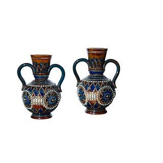 2 Doulton Lambeth Stoneware Double Handled Vases