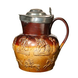 Large Stoneware Pitcher With Silver Hinged Lid