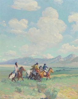 Oscar Berninghaus, (American, 1874-1952), Taos Indians and the Sangre de Cristos, 1915