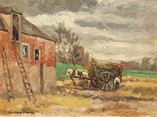 * George Elmer Browne, (American, 1871-1946), Landscape with Haywagon and Barn
