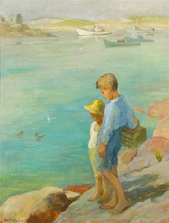 * Adam Emory Albright, (American, 1862-1957), Two Boys on Rock Cliff, Maine Coast