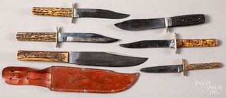 Five stag handled Bowie knives