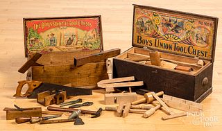 Two boy's tool chests, with miscellaneous tools