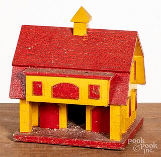 Painted pine folk art barn model