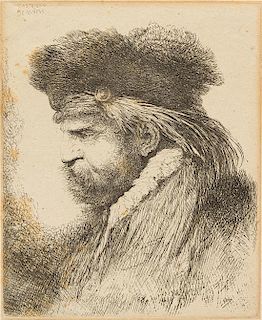 Castiglione Benedetto Genoese, (Italian, 1609-1664), Bearded Man in a Fur Cap, Facing Left