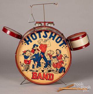 Ohio Art tin lithograph Hot Shot Band drum set