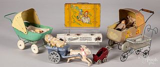 Four dollhouse baby carriages, etc.