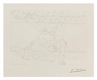 Pablo Picasso, (Spanish, 1881-1973), Minotaure mourantet et jeune femme pitoyable (plate 90 from La Suite Vollard), 1933