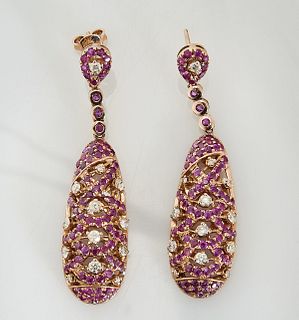 Pair 14K Rose Gold, Pink Sapphire and Diamond Earrings