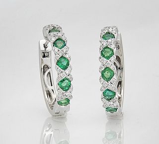 Pair 18K White Gold, Emerald and Diamond Earrings