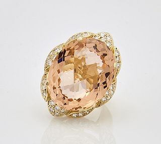 14K Yellow Gold, Morganite and Diamond Ring
