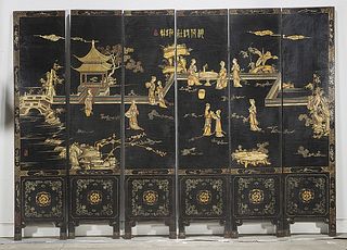 Chinese Painted Six Panel Wood Screen