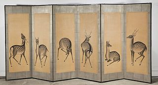Japanese-Style Painted Six Panel Screen