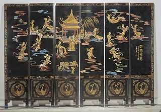 Chinese Six-Panel Painted Wood Screen