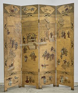 Chinese Four-Panel Painted Wood Screen