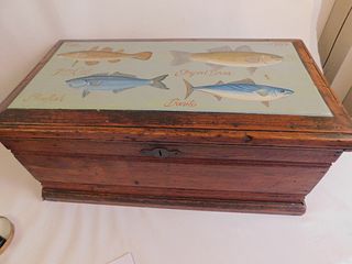 ANTIQUE WOOD TOOL CHEST WITH FISH