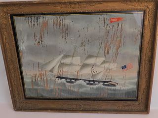 P. WEYTS 1845 PAINTING ON GLASS OF RI SHIP 