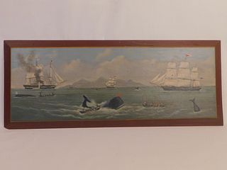 WHALING PAINTING ON WOOD PANEL 
