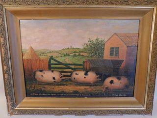 ANTIQUE PAINTING 3 PIGS IN FARMYARD 