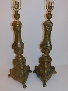 PAIR TALL ANTIQUE BRASS LAMPS 