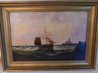 PAINTING OF OSTEND BOAT & LIGHTHOUSE 