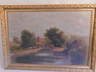 ANTIQUE PAINTING WITH FARM & CARRIAGE