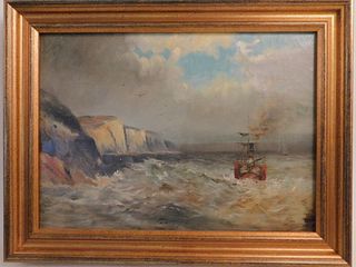 VICTORIAN OIL PAINTING - BOAT NEAR CLIFFS