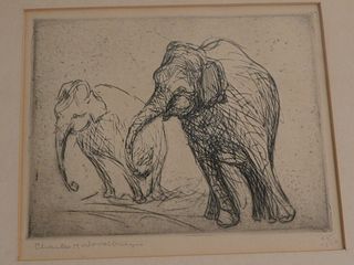 CHARLES WOODBURY ETCHING - ELEPHANTS