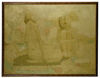 Ryonosuke Fukui (Japanese, 1923-1986) 'Two Figures' Oil on Canvas