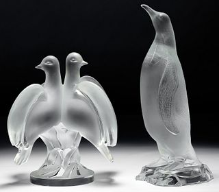 Lalique Crystal 'Ariane' Doves and Penguin Figurines