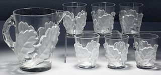 Lalique Crystal 'Chene' Pitcher and Glasses