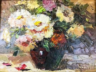 Painting, Still life of Peonies in a glass vase.