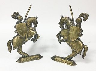Pair of Bronze Andirons Knights on Horseback
