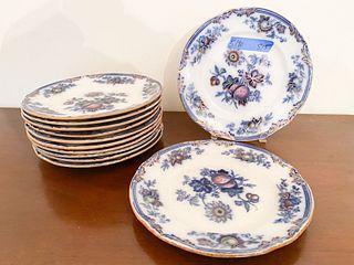 Twelve Flow Blue, Gilded & Colored Dinner Plates