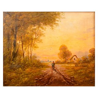 Hoviers (?), Vista de paisaje con personaje. Firmado. Óleo sobre tela. Enmarcado. 37 x 45 cm