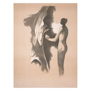 GUILLERMO MEZA "Diálogo entre serpiente y mujer" Firmado a lápiz y fechado 1981 Litografía 76/100 Sin enmarcar 73 x 55 cm