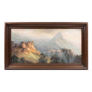 E. MÁRQUEZ. Vista de cerros. Firmado y fechado 1964. Óleo sobre tela. Enmarcado. 48 x 98 cm