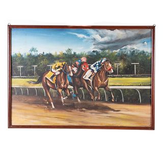 Anónimo. "Carrera de caballos". Óleo sobre tela. Enmarcada en madera tallada.