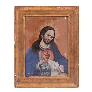 Anónimo. Sagrado Corazón de Jesús. Fechado al reverso 1866 Óleo sobre tela. Enmarcado. 26 x 19 cm