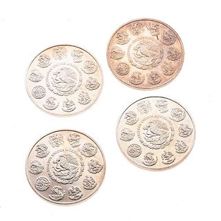 Cuatro monedas de plata .999. 1 Onza. Peso: 124.6 g.
